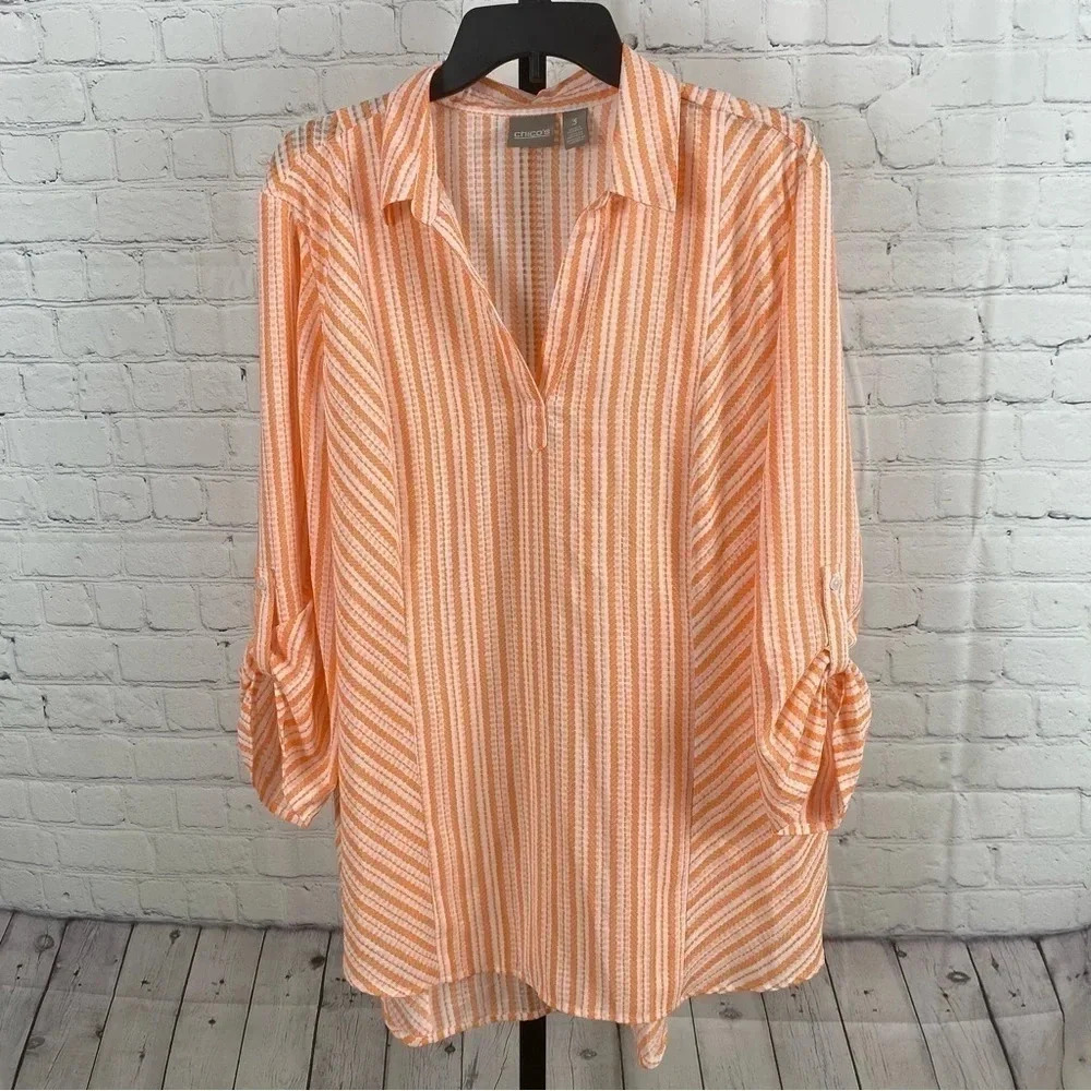 Chico’s Orange and White Striped V-Neck Top Size 3 (16/18)